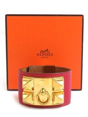 HERMES Collier de Chien Bracelet Bangle Red/Gold Leather/Metal
